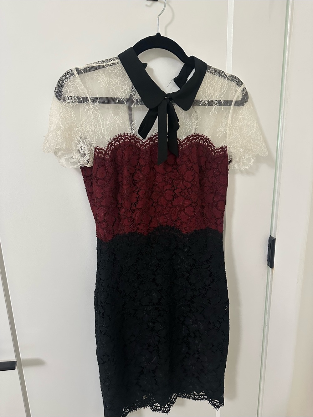 Sandro Lace Mini Dress in Burgundy, Black & Cream with Bow Collar